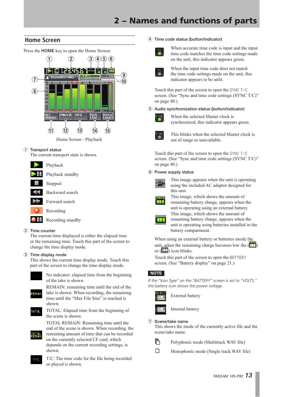 Home screen, 2 − names and functions of parts, 13 home screen | Teac HS-P82 User Manual | Page 13 / 64