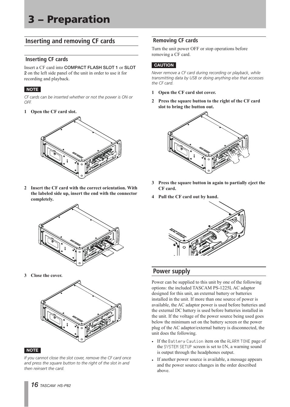 3 − preparation, Inserting and removing cf cards, Inserting cf cards | Removing cf cards, Power supply, Inserting cf cards removing cf cards | Teac HS-P82 User Manual | Page 16 / 64