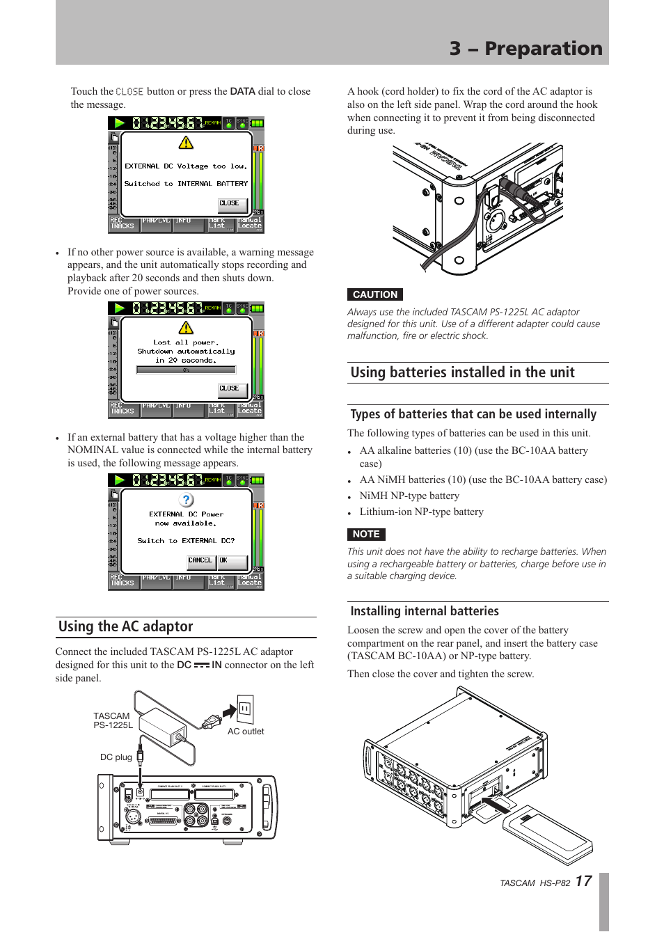 Using the ac adaptor, Using batteries installed in the unit, Types of batteries that can be used internally | Installing internal batteries, Types of batteries that can be used, Internally installing internal batteries, 3 − preparation | Teac HS-P82 User Manual | Page 17 / 64