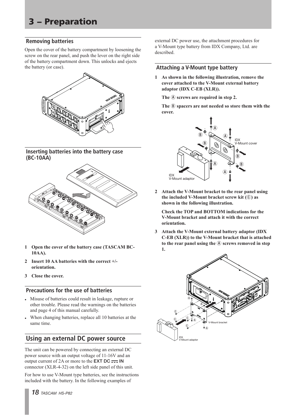 Removing batteries, Precautions for the use of batteries, Using an external dc power source | Attaching a v-mount type battery, 3 − preparation | Teac HS-P82 User Manual | Page 18 / 64