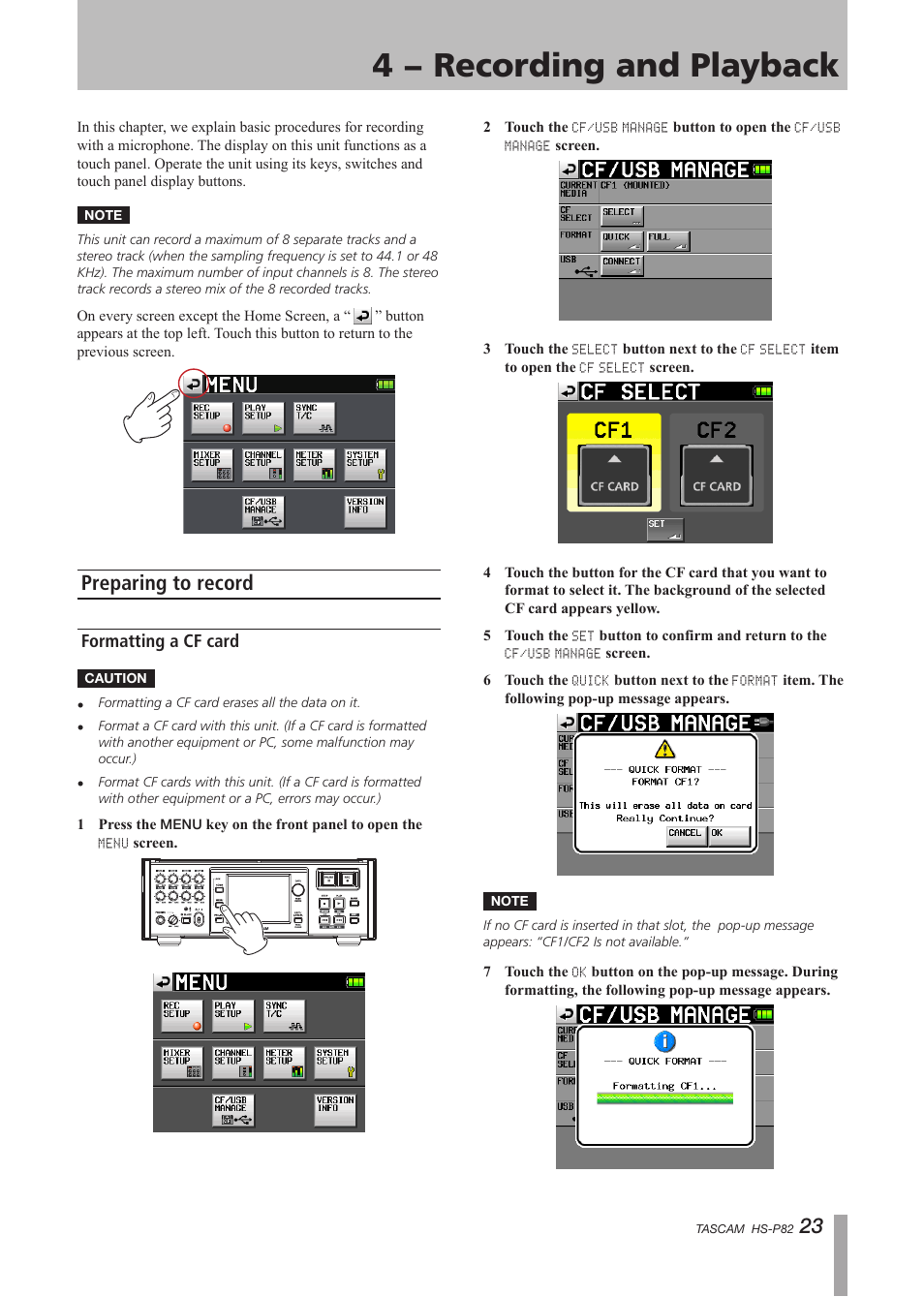 4 − recording and playback, Preparing to record, Formatting a cf card | Teac HS-P82 User Manual | Page 23 / 64