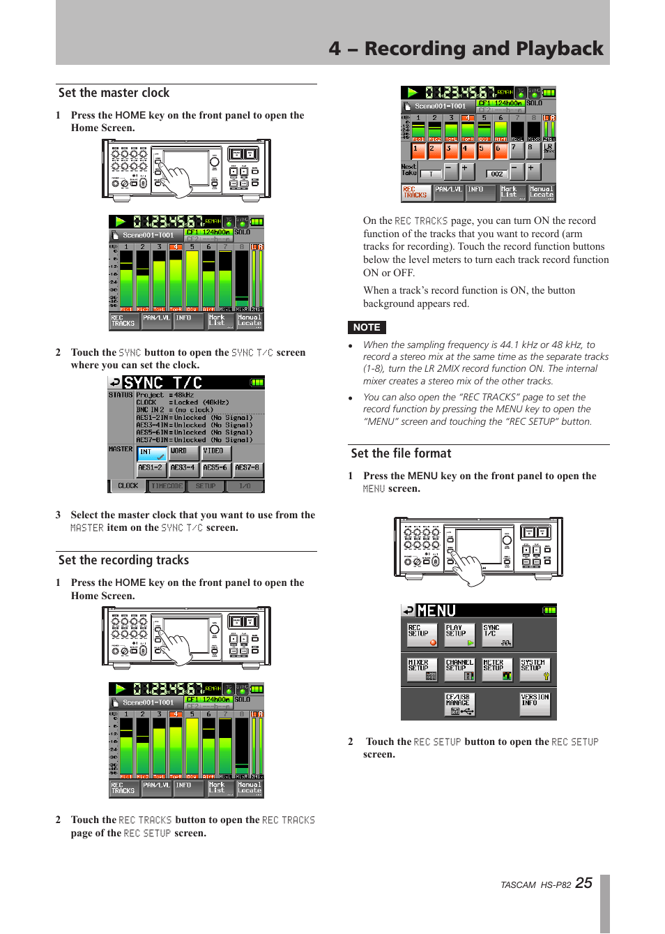 Set the master clock, Set the recording tracks, Set the file format | 4 − recording and playback | Teac HS-P82 User Manual | Page 25 / 64