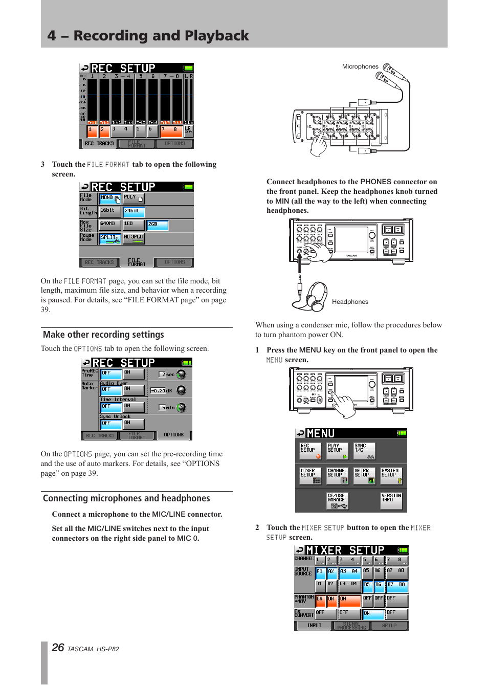 Make other recording settings, Connecting microphones and headphones, 4 − recording and playback | Teac HS-P82 User Manual | Page 26 / 64