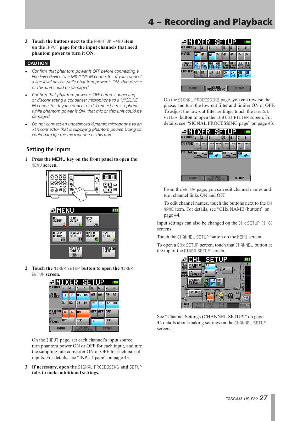 Setting the inputs, 4 − recording and playback | Teac HS-P82 User Manual | Page 27 / 64