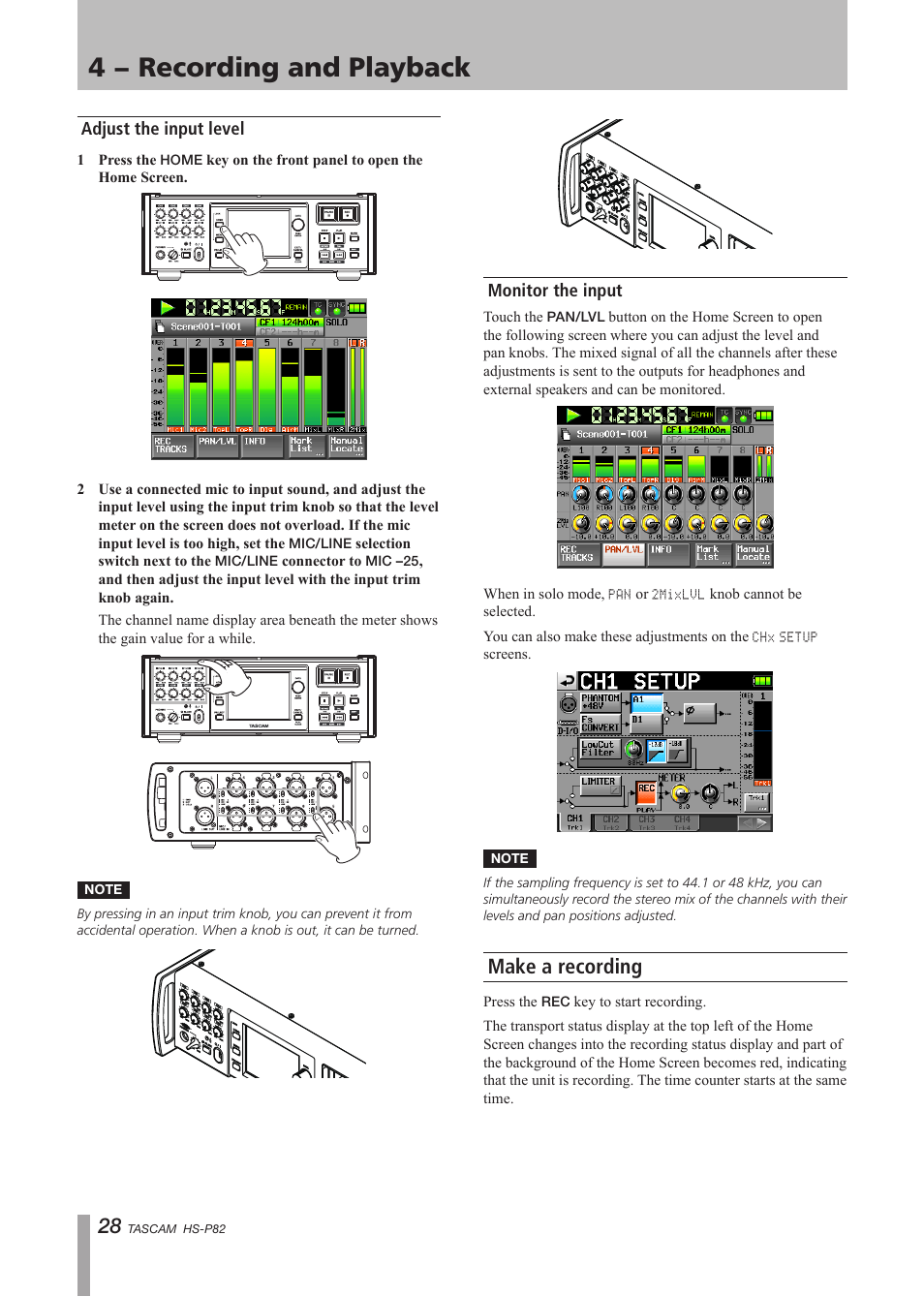 Adjust the input level, Monitor the input, Make a recording | Adjust the input level monitor the input, 4 − recording and playback | Teac HS-P82 User Manual | Page 28 / 64