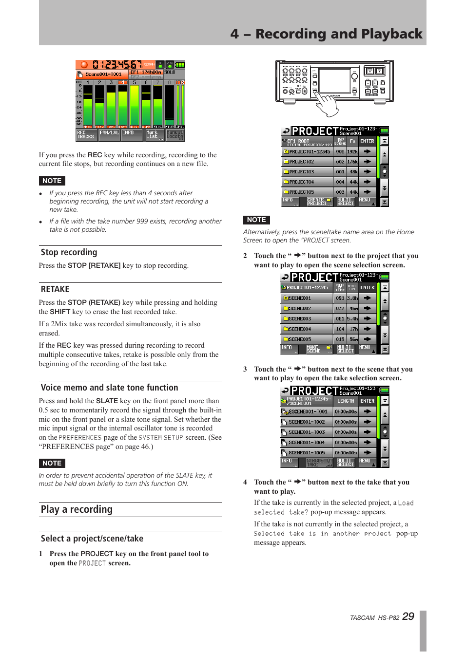 Stop recording, Retake, Voice memo and slate tone function | Play a recording, Select a project/scene/take, 4 − recording and playback | Teac HS-P82 User Manual | Page 29 / 64