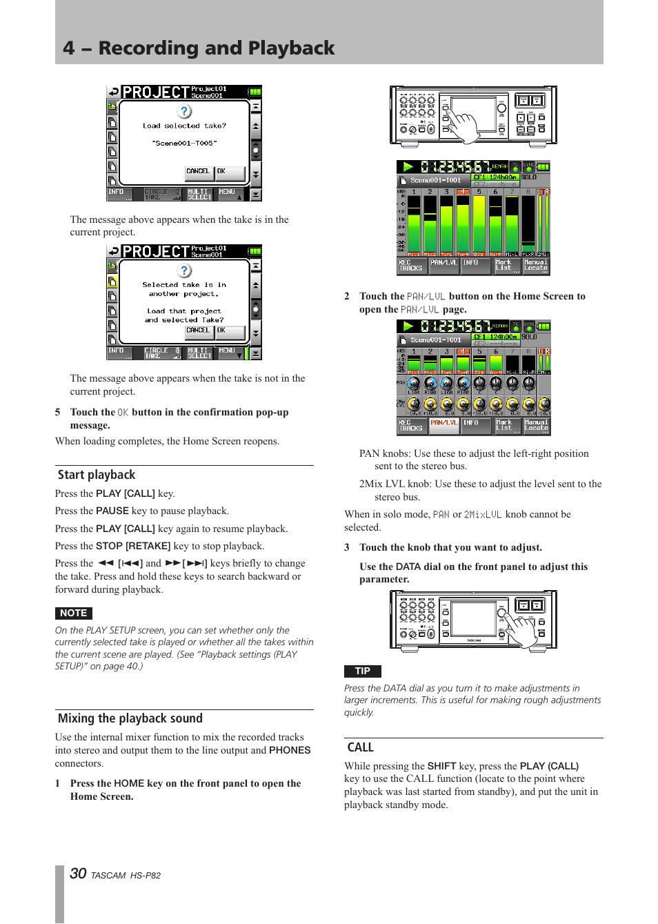 Start playback, Mixing the playback sound, Call | Start playback mixing the playback sound call, 4 − recording and playback | Teac HS-P82 User Manual | Page 30 / 64