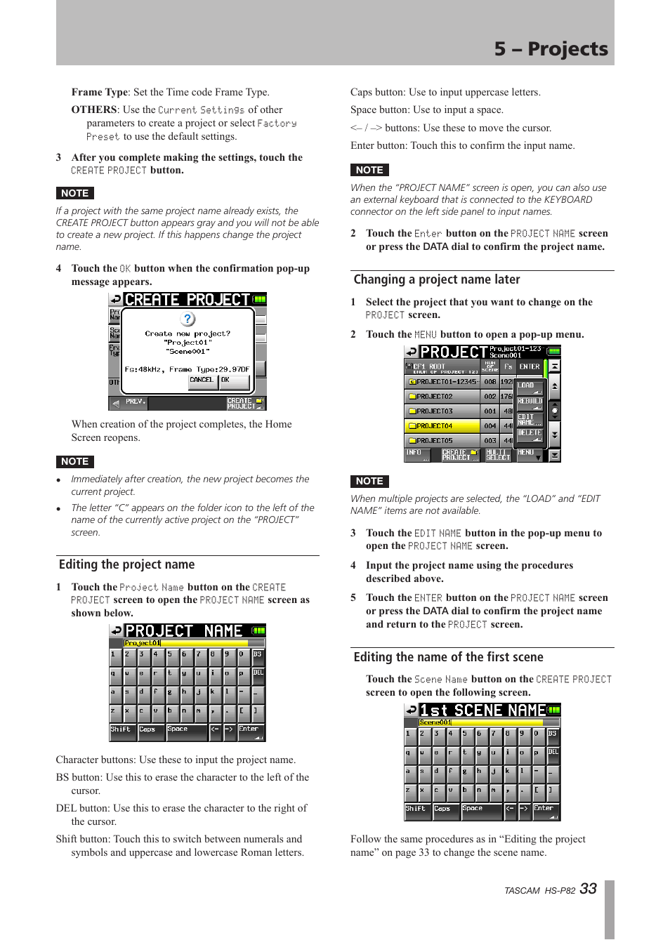 Editing the project name, Changing a project name later, Editing the name of the first scene | 5 – projects | Teac HS-P82 User Manual | Page 33 / 64