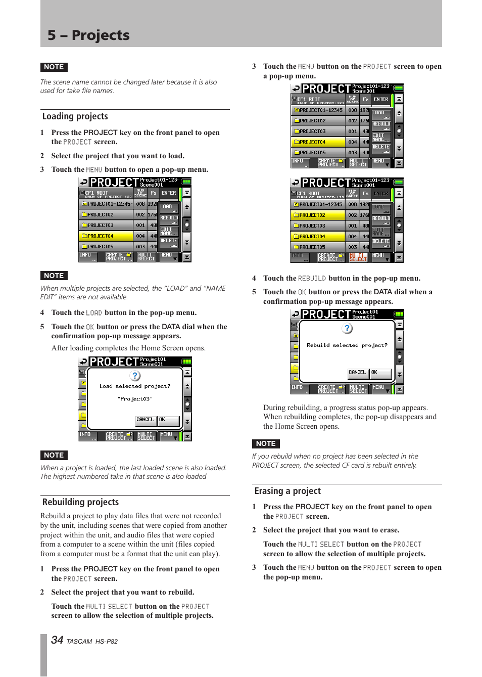 Loading projects, Rebuilding projects, Erasing a project | 5 – projects | Teac HS-P82 User Manual | Page 34 / 64