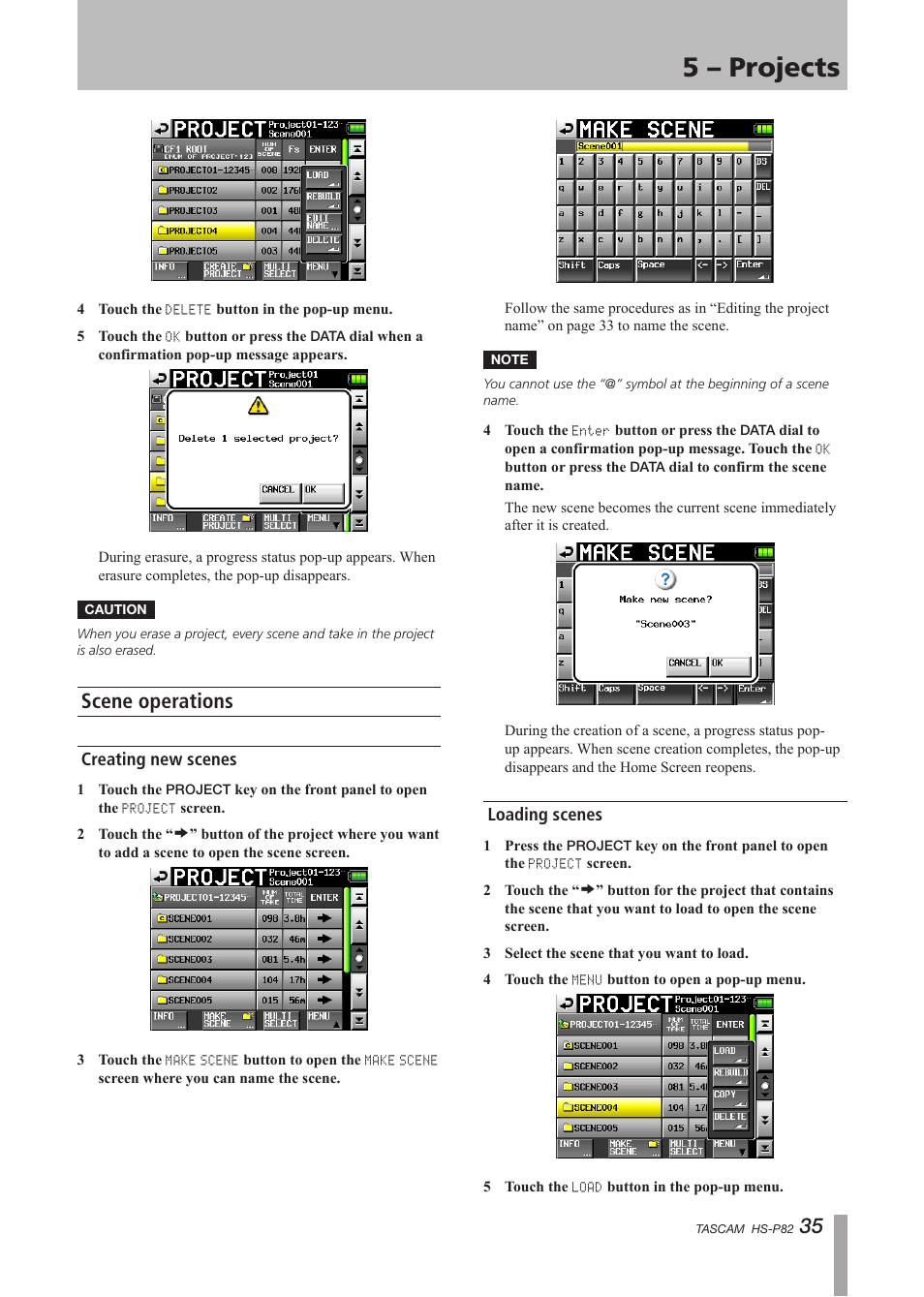 Scene operations, Creating new scenes, Loading scenes | Creating new scenes loading scenes, 5 – projects | Teac HS-P82 User Manual | Page 35 / 64
