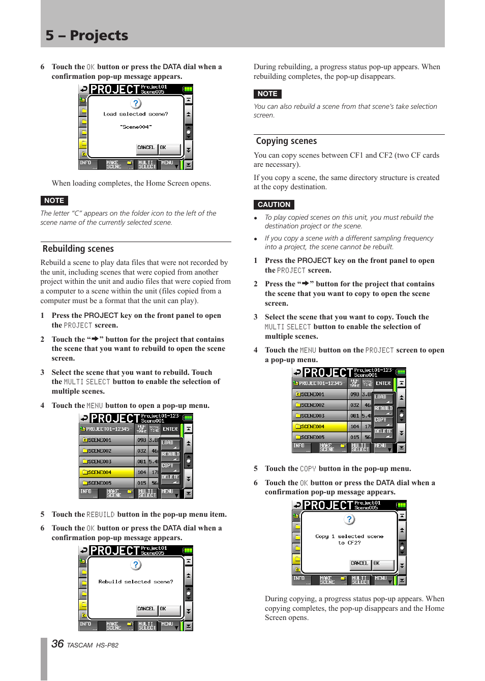 Rebuilding scenes, Copying scenes, Rebuilding scenes copying scenes | 5 – projects | Teac HS-P82 User Manual | Page 36 / 64