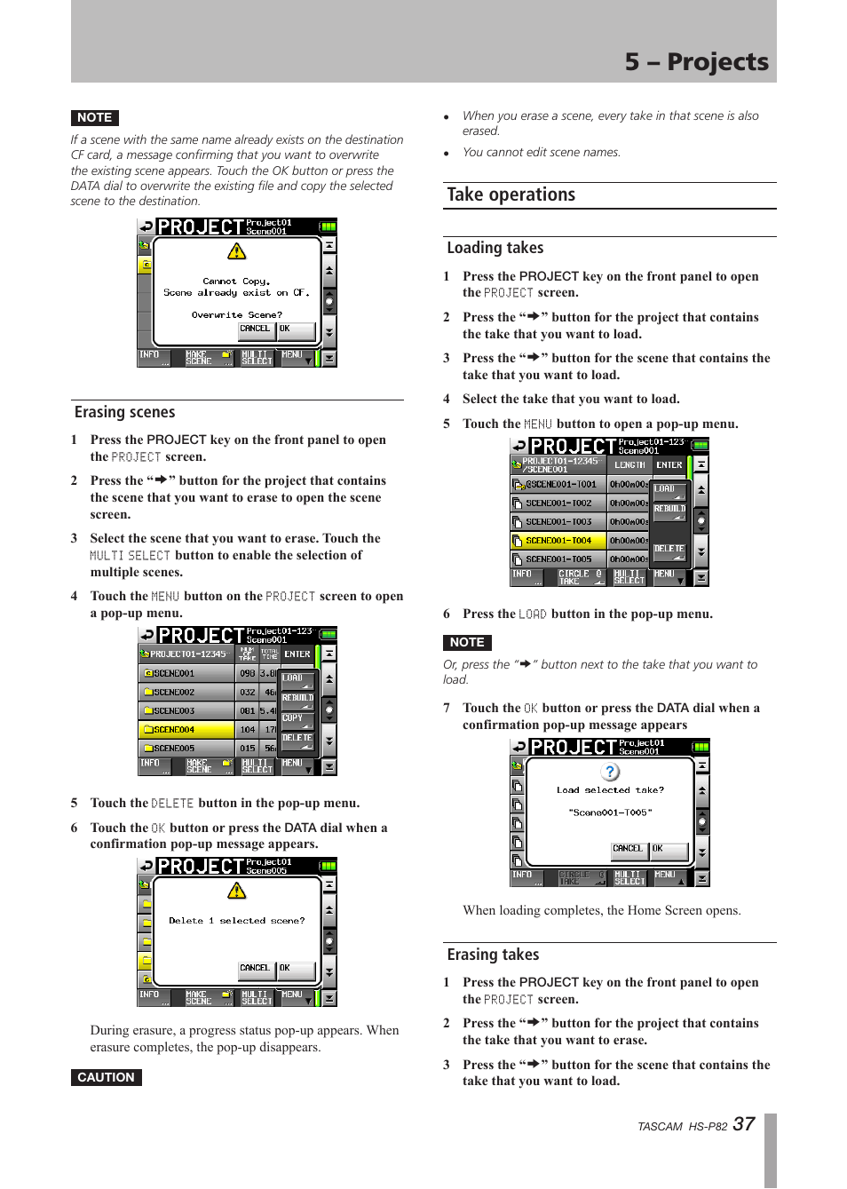 Erasing scenes, Take operations, Loading takes | Erasing takes, Loading takes erasing takes, 5 – projects | Teac HS-P82 User Manual | Page 37 / 64