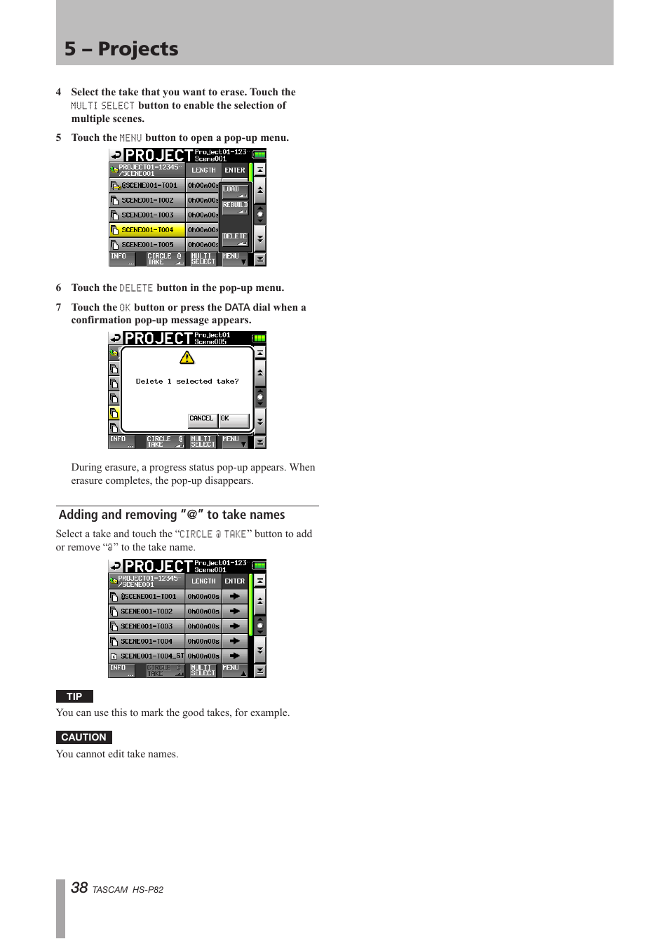 Adding and removing “@” to take names, Adding and removing “@” to take, Names | 5 – projects | Teac HS-P82 User Manual | Page 38 / 64