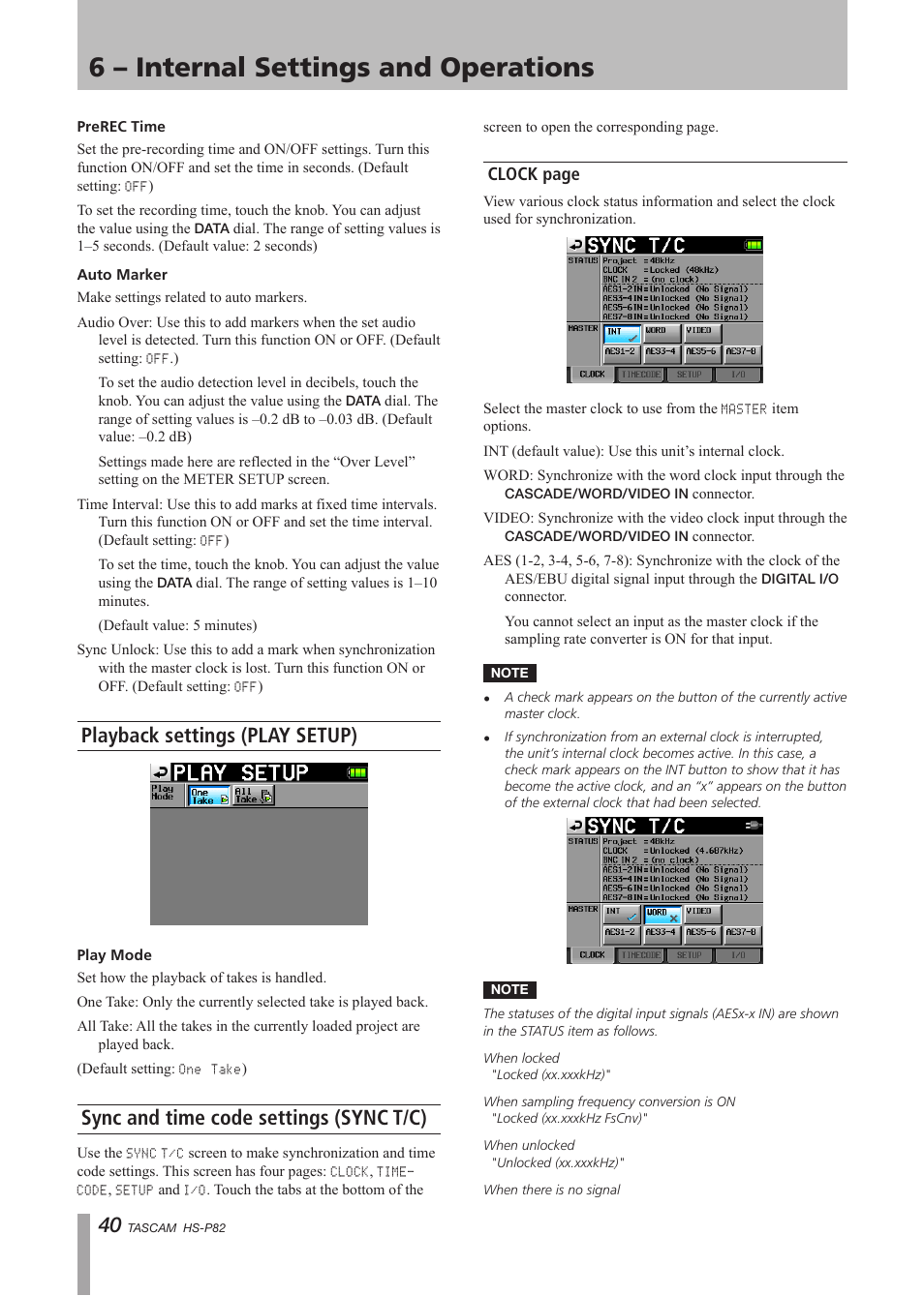 Playback settings (play setup), Sync and time code settings (sync t/c), 6 – internal settings and operations | Teac HS-P82 User Manual | Page 40 / 64