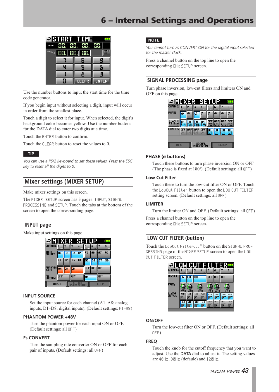 Mixer settings (mixer setup), Low cut filter (button), 6 – internal settings and operations | Input page, Signal processing page | Teac HS-P82 User Manual | Page 43 / 64