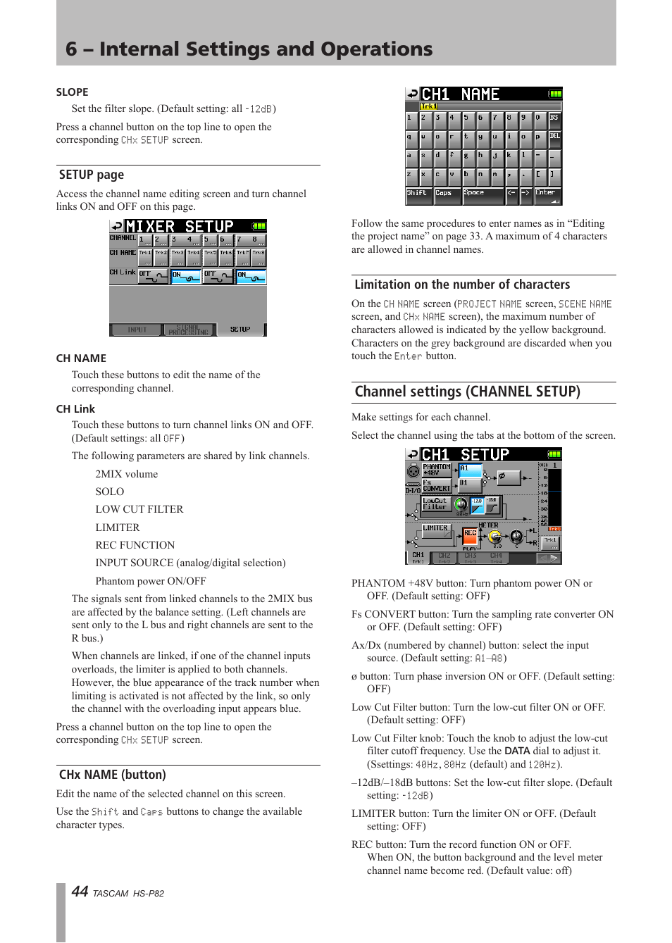 Chx name (button), Limitation on the number of characters, Channel settings (channel setup) | 6 – internal settings and operations | Teac HS-P82 User Manual | Page 44 / 64