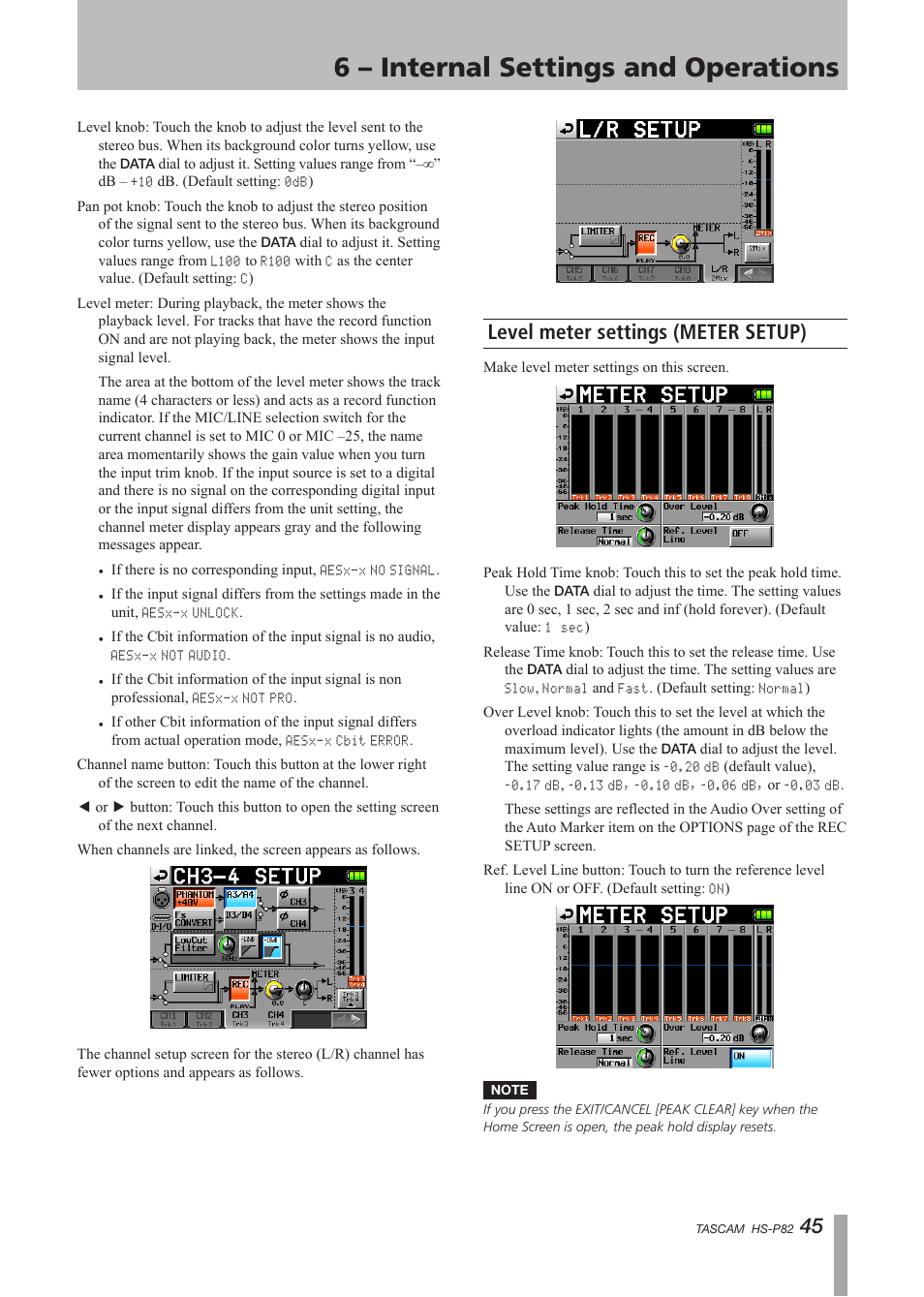 Level meter settings (meter setup), 6 – internal settings and operations | Teac HS-P82 User Manual | Page 45 / 64