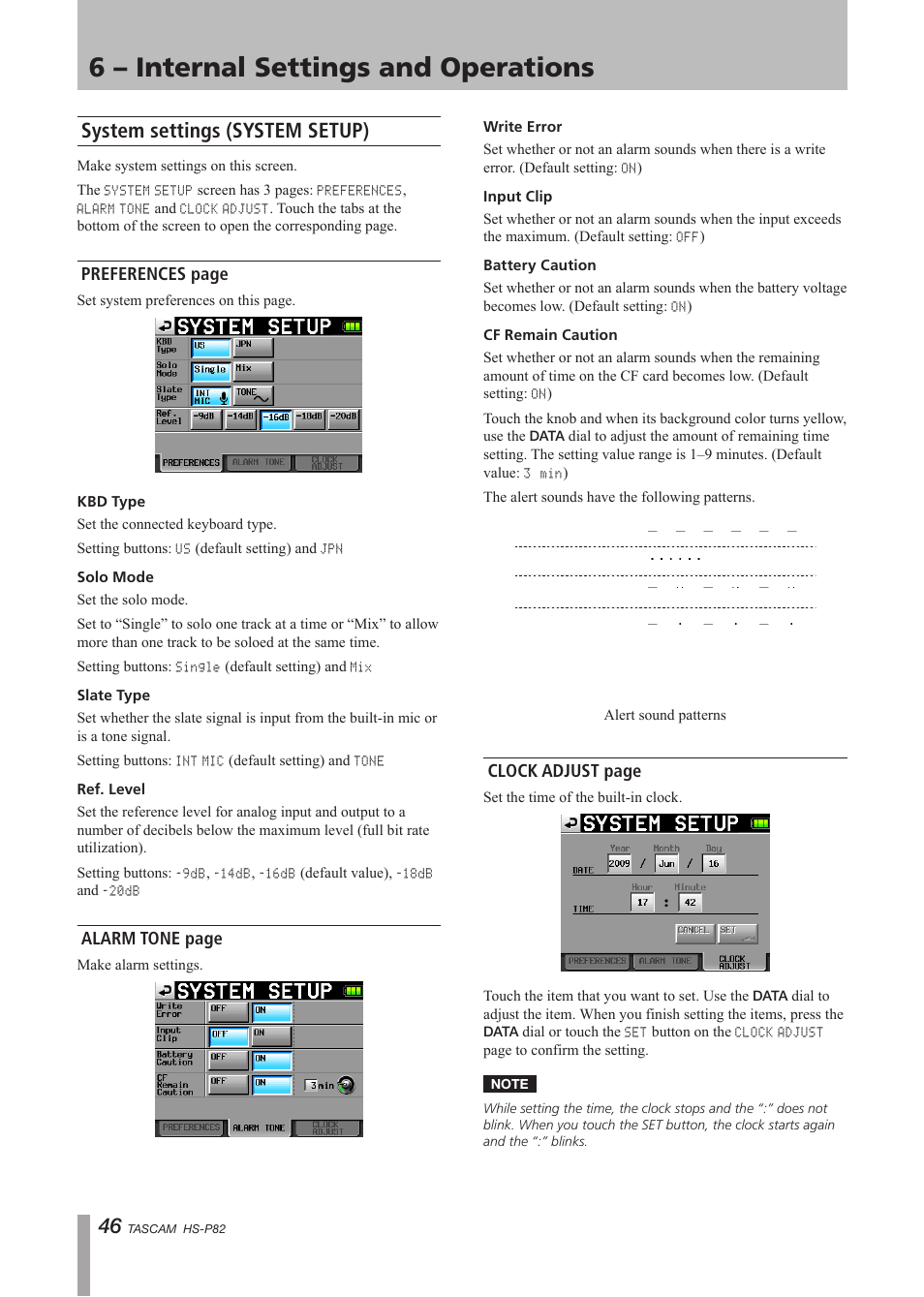 System settings (system setup), 6 – internal settings and operations, Preferences page | Alarm tone page, Clock adjust page | Teac HS-P82 User Manual | Page 46 / 64