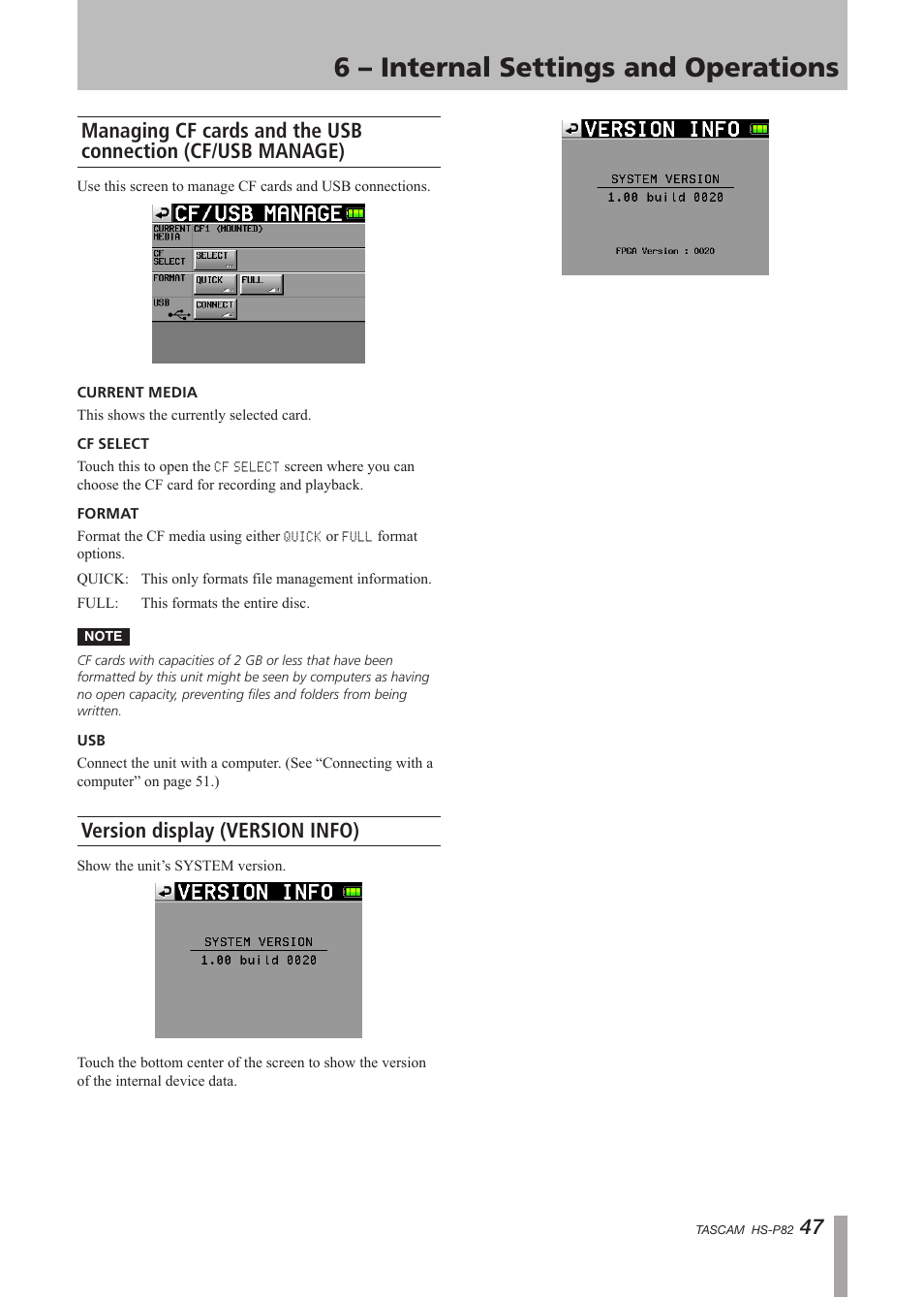 Version display (version info), 6 – internal settings and operations | Teac HS-P82 User Manual | Page 47 / 64