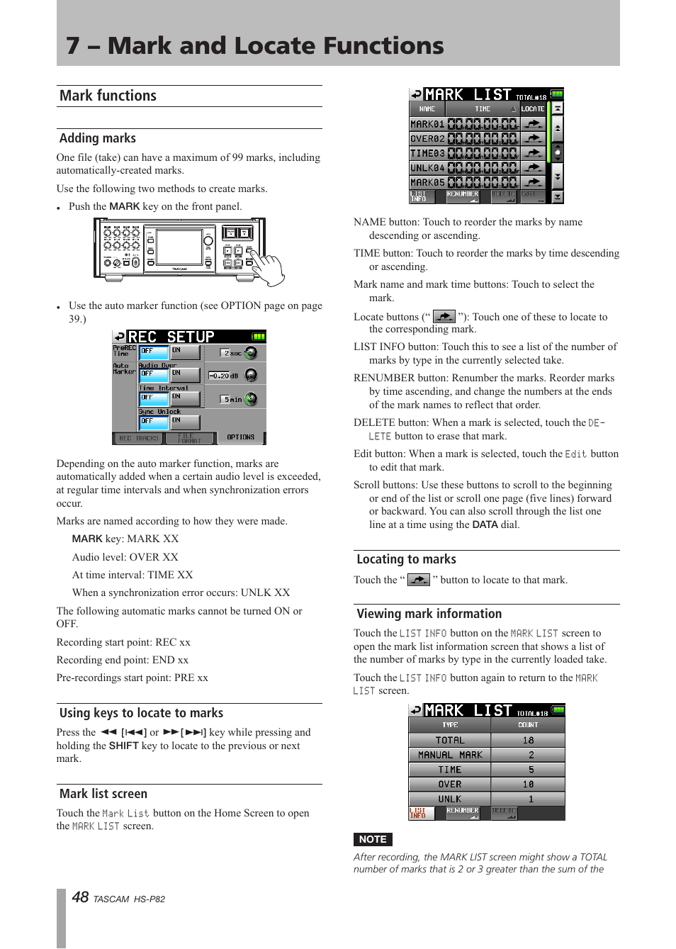 7 – mark and locate functions, Mark functions, Adding marks | Using keys to locate to marks, Mark list screen, Locating to marks, Viewing mark information | Teac HS-P82 User Manual | Page 48 / 64