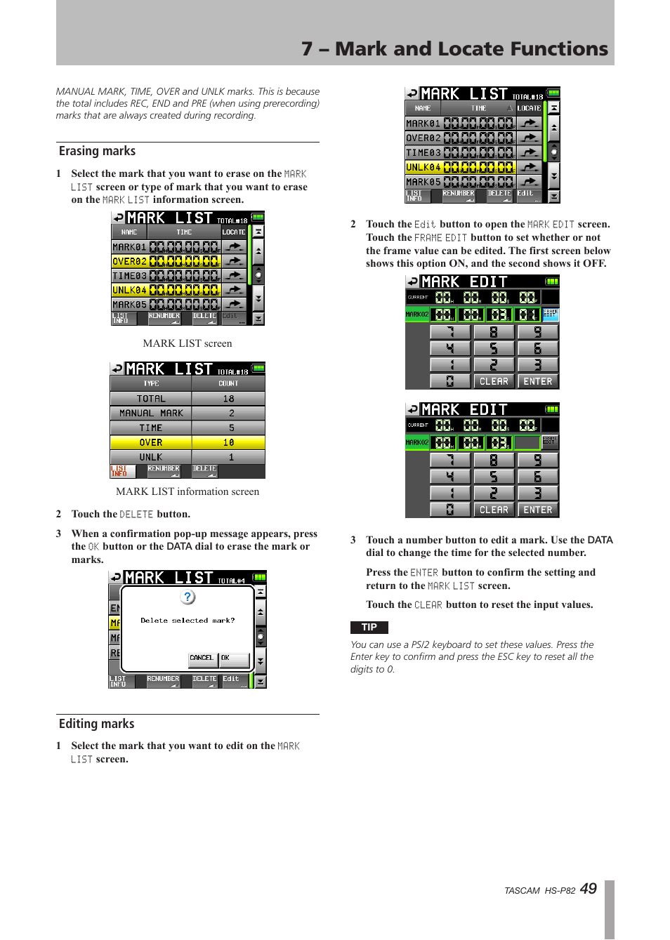 Erasing marks, Editing marks, Erasing marks editing marks | 7 – mark and locate functions | Teac HS-P82 User Manual | Page 49 / 64