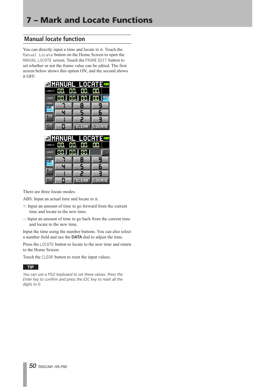 Manual locate function, 7 – mark and locate functions | Teac HS-P82 User Manual | Page 50 / 64