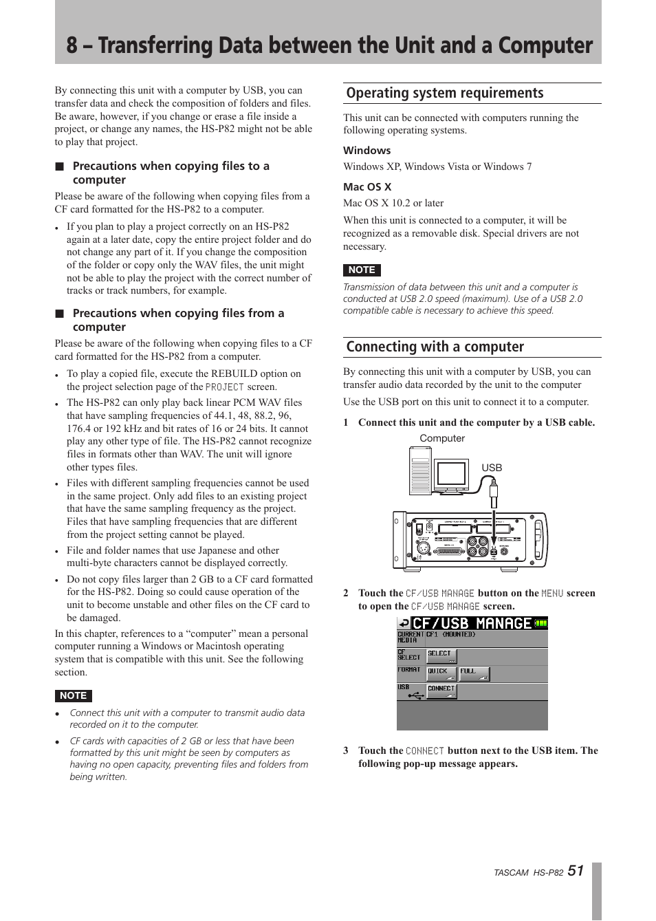 Operating system requirements, Connecting with a computer, 8 – transferring data between the unit | And a computer | Teac HS-P82 User Manual | Page 51 / 64