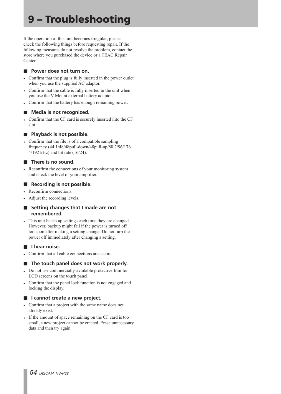 9 – troubleshooting | Teac HS-P82 User Manual | Page 54 / 64