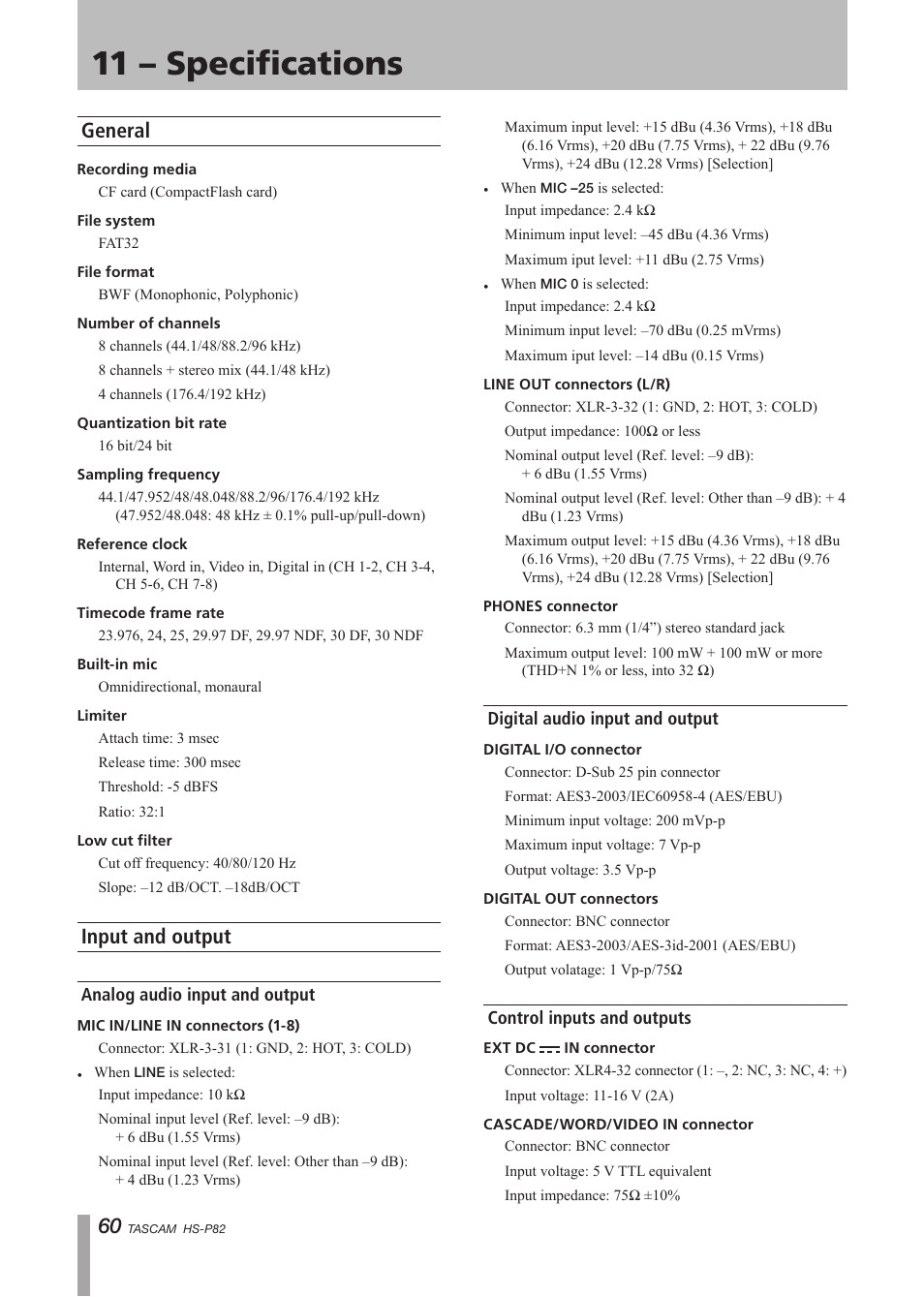 11 – specifications, General, Input and output | Analog audio input and output, Digital audio input and output, Control inputs and outputs, General input and output | Teac HS-P82 User Manual | Page 60 / 64