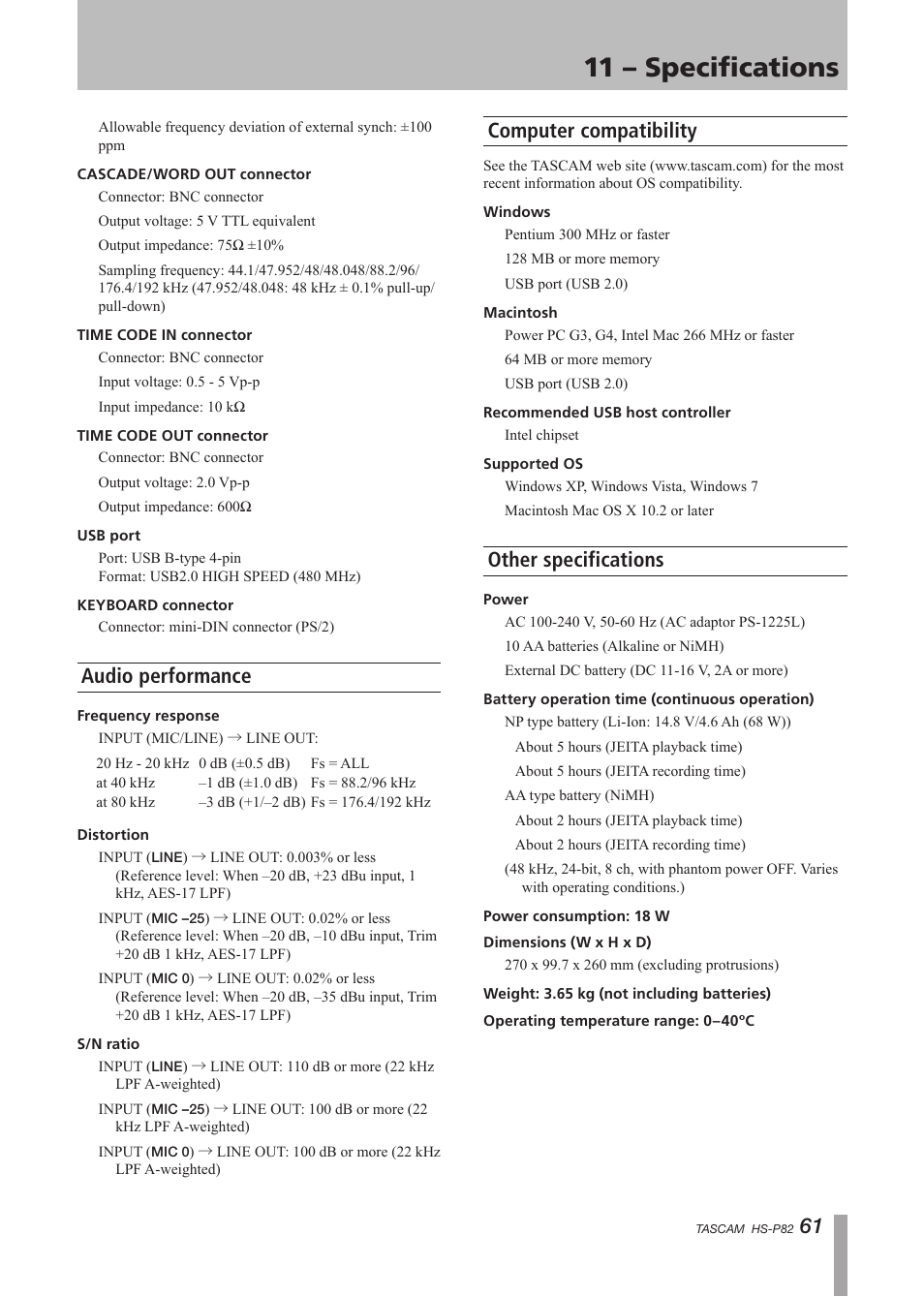 Audio performance, Computer compatibility, Other specifications | 11 – specifications | Teac HS-P82 User Manual | Page 61 / 64