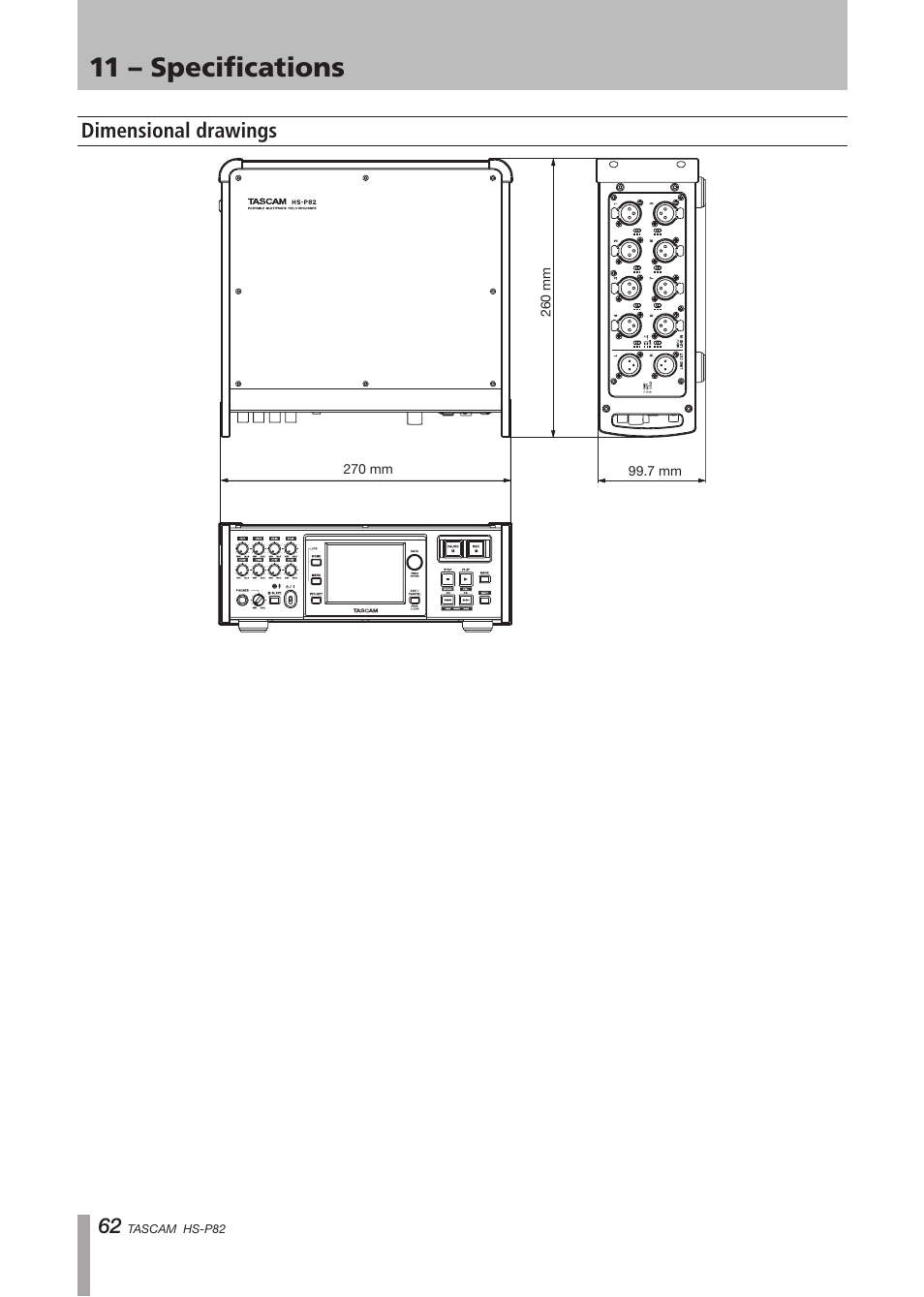 Dimensional drawings, 11 – specifications | Teac HS-P82 User Manual | Page 62 / 64