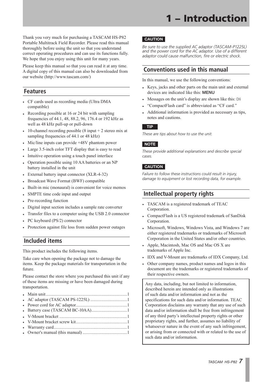 1 − introduction, Features, Included items | Conventions used in this manual, Intellectual property rights | Teac HS-P82 User Manual | Page 7 / 64