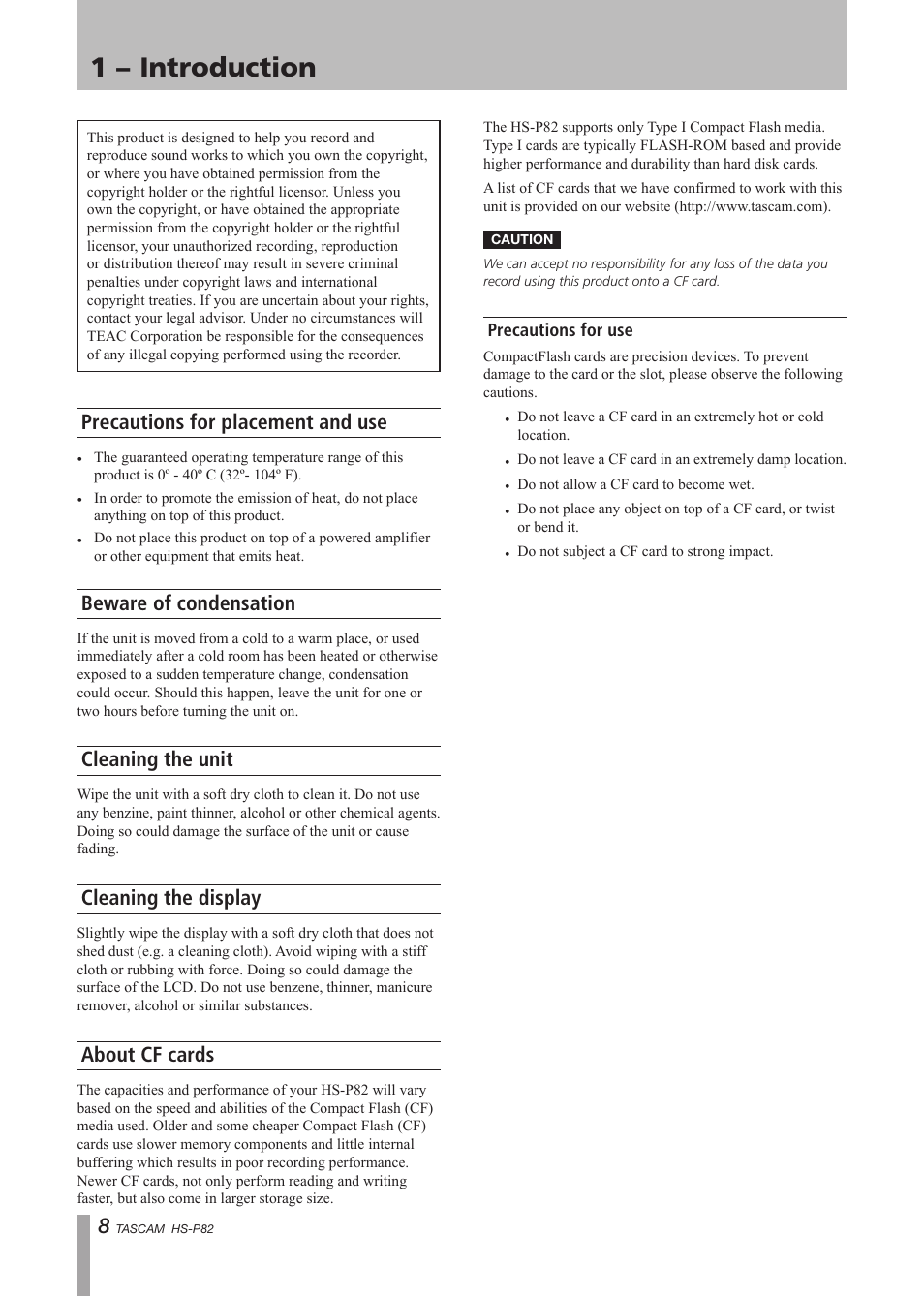 Precautions for placement and use, Beware of condensation, Cleaning the unit | Cleaning the display, About cf cards, Precautions for use, 1 − introduction | Teac HS-P82 User Manual | Page 8 / 64