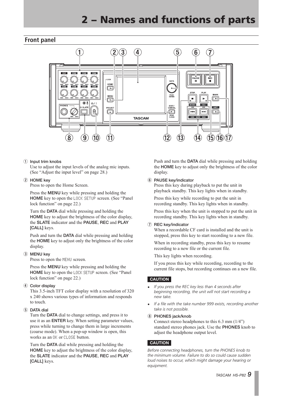 2 − names and functions of parts, Front panel, 9front panel | Teac HS-P82 User Manual | Page 9 / 64