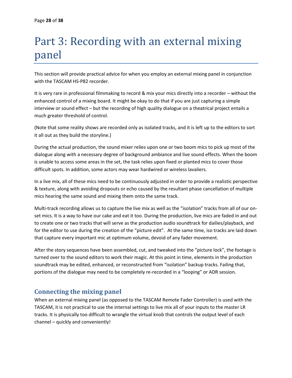 Part 3: recording with an external mixing panel | Teac HS-P82 Quick Start Guide User Manual | Page 28 / 38