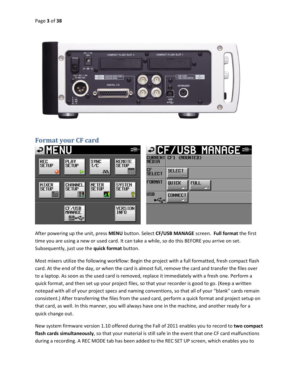 Format your cf card | Teac HS-P82 Quick Start Guide User Manual | Page 3 / 38