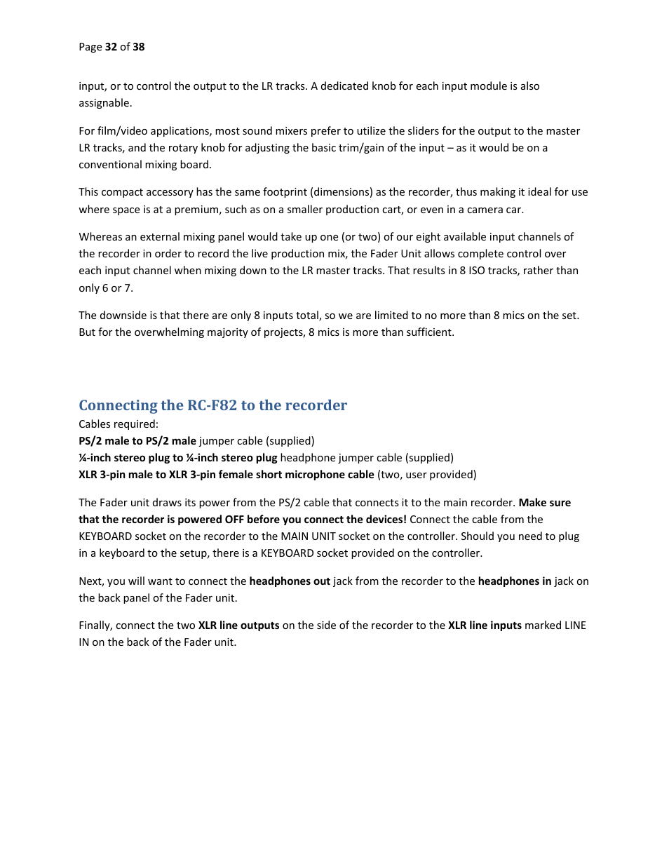 Connecting the rc-f82 to the recorder | Teac HS-P82 Quick Start Guide User Manual | Page 32 / 38