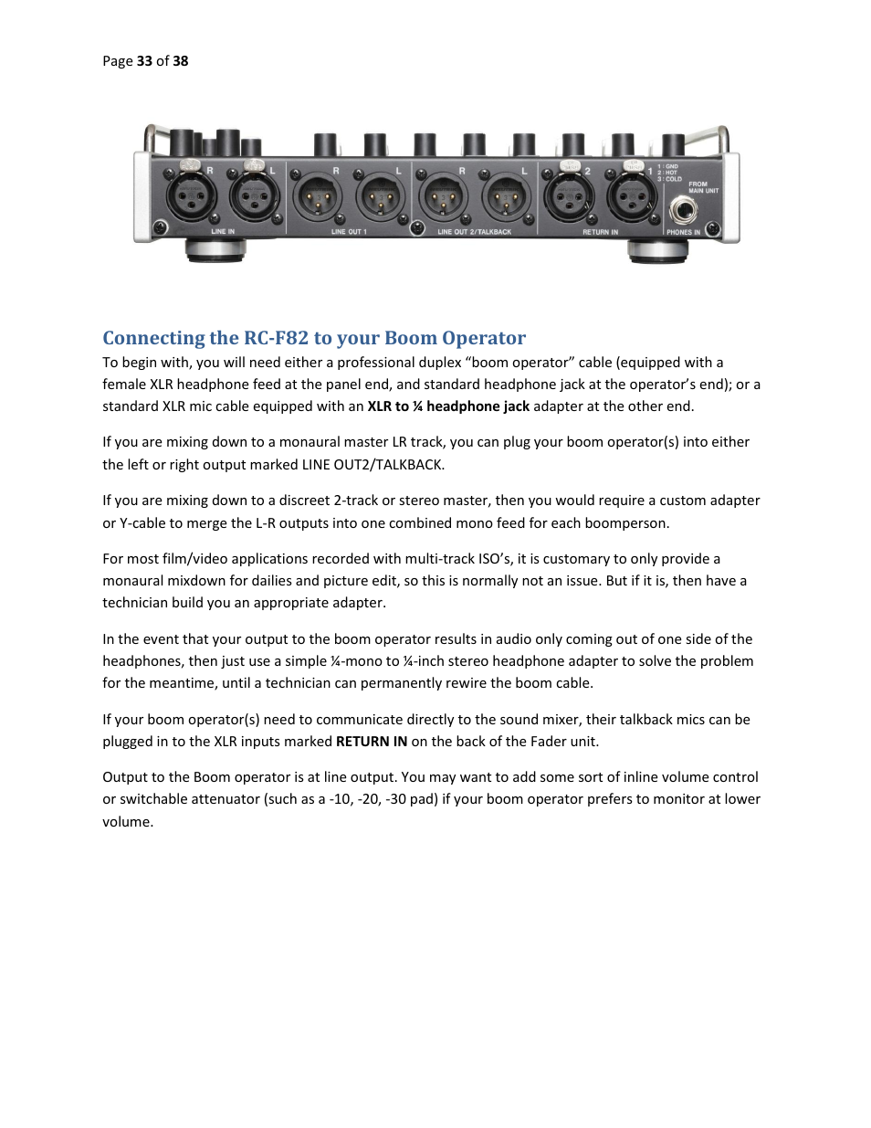 Connecting the rc-f82 to your boom operator | Teac HS-P82 Quick Start Guide User Manual | Page 33 / 38