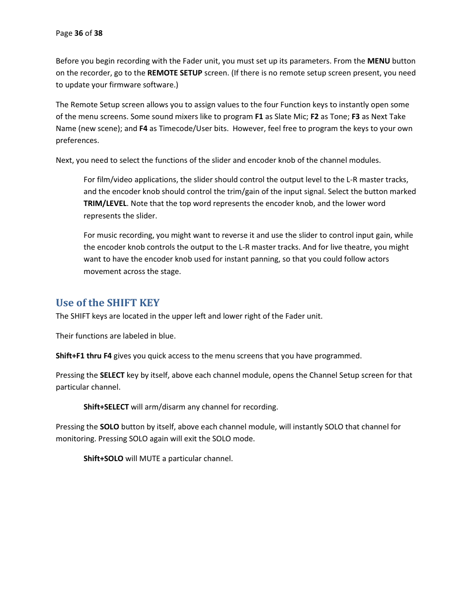 Use of the shift key | Teac HS-P82 Quick Start Guide User Manual | Page 36 / 38