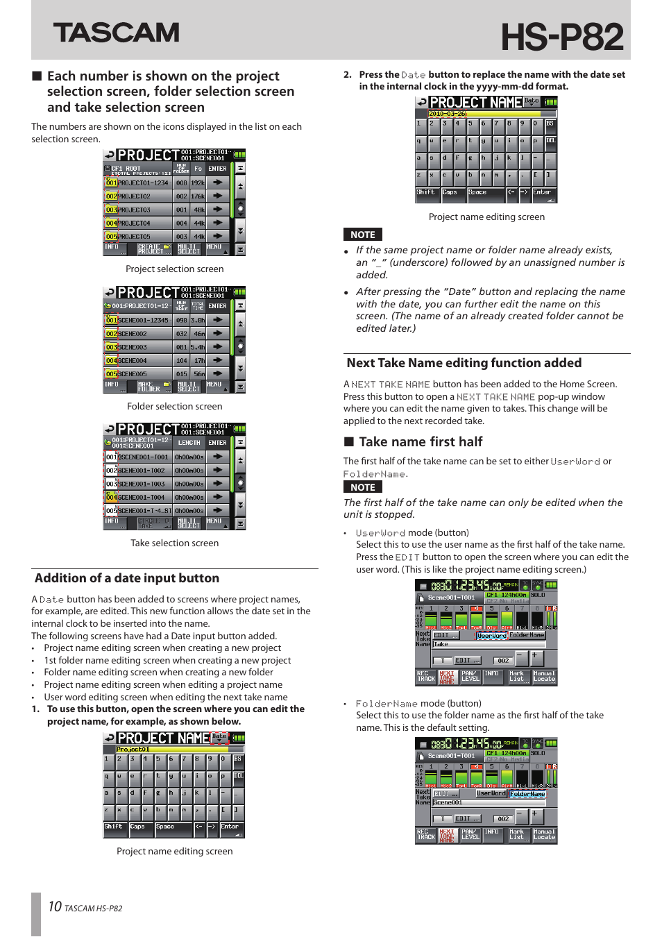 Addition of a date input button, Next take name editing function added, Hs-p82 | ª take name first half | Teac HS-P82 Addendum V1.20 User Manual | Page 10 / 12