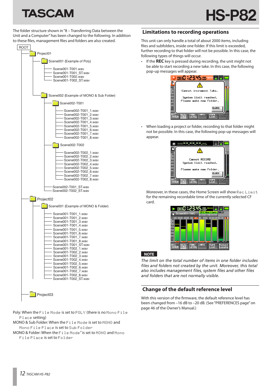 Limitations to recording operations, Change of the default reference level, Hs-p82 | Teac HS-P82 Addendum V1.20 User Manual | Page 12 / 12