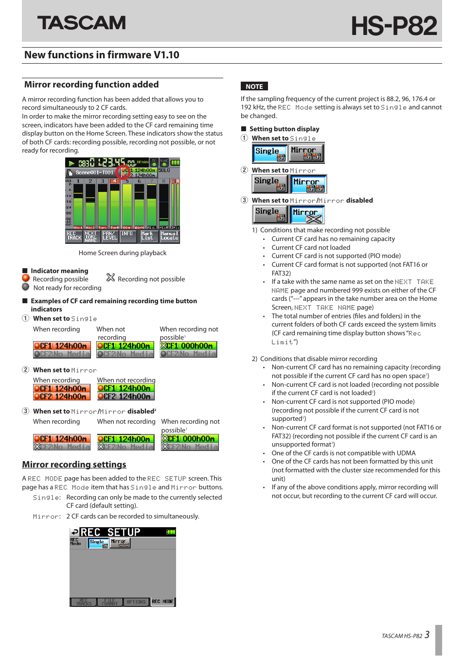 New functions in firmware v1.10, Mirror recording function added, Hs-p82 | Mirror recording settings | Teac HS-P82 Addendum V1.20 User Manual | Page 3 / 12