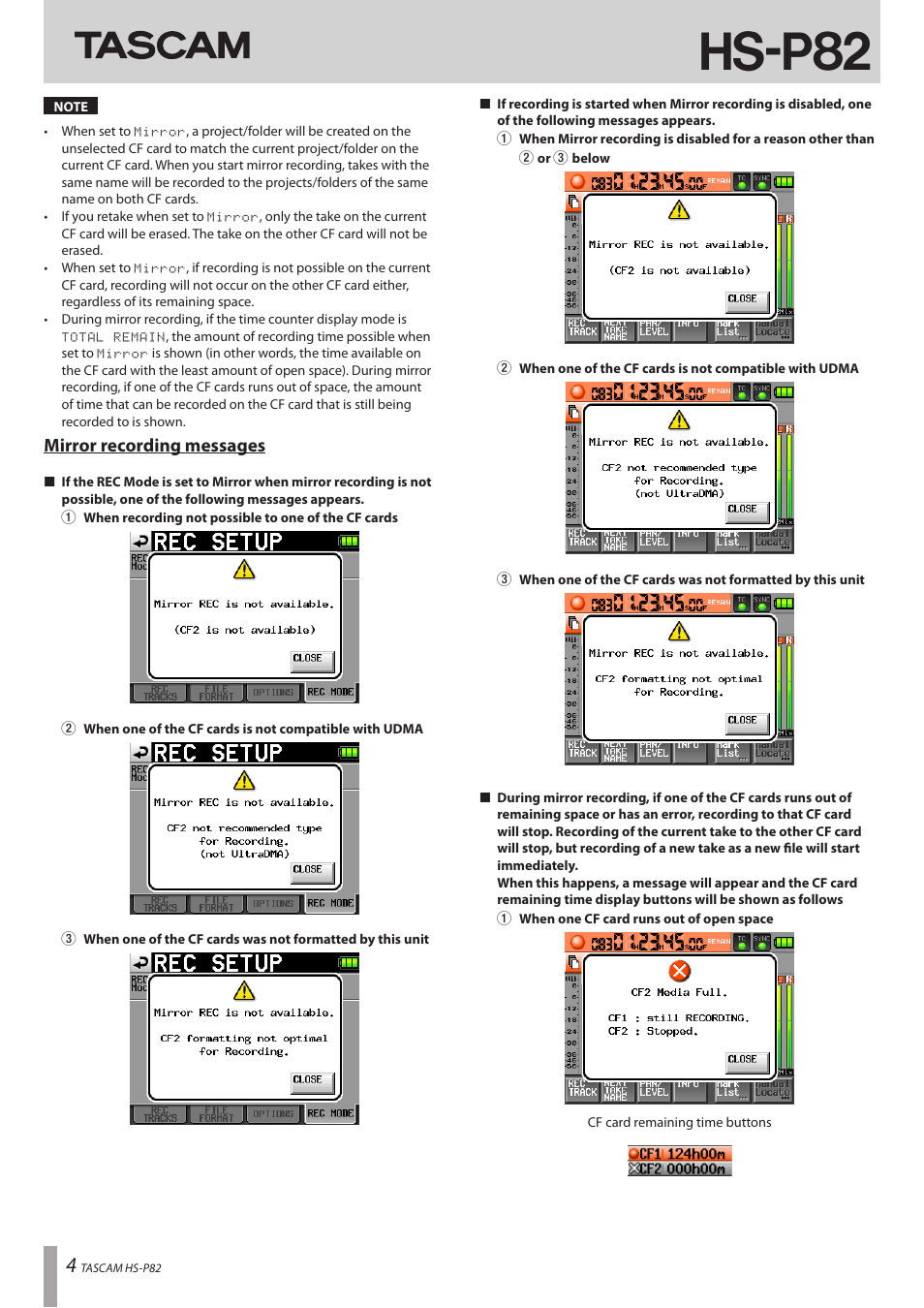 Hs-p82, Mirror recording messages | Teac HS-P82 Addendum V1.20 User Manual | Page 4 / 12