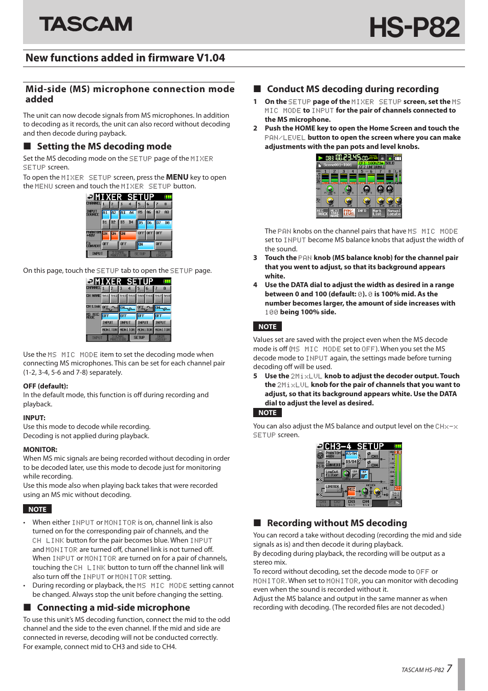 New functions added in firmware v1.04, Mid-side (ms) microphone connection mode added, Hs-p82 | ª setting the ms decoding mode, ª connecting a mid-side microphone, ª conduct ms decoding during recording, ª recording without ms decoding | Teac HS-P82 Addendum V1.20 User Manual | Page 7 / 12