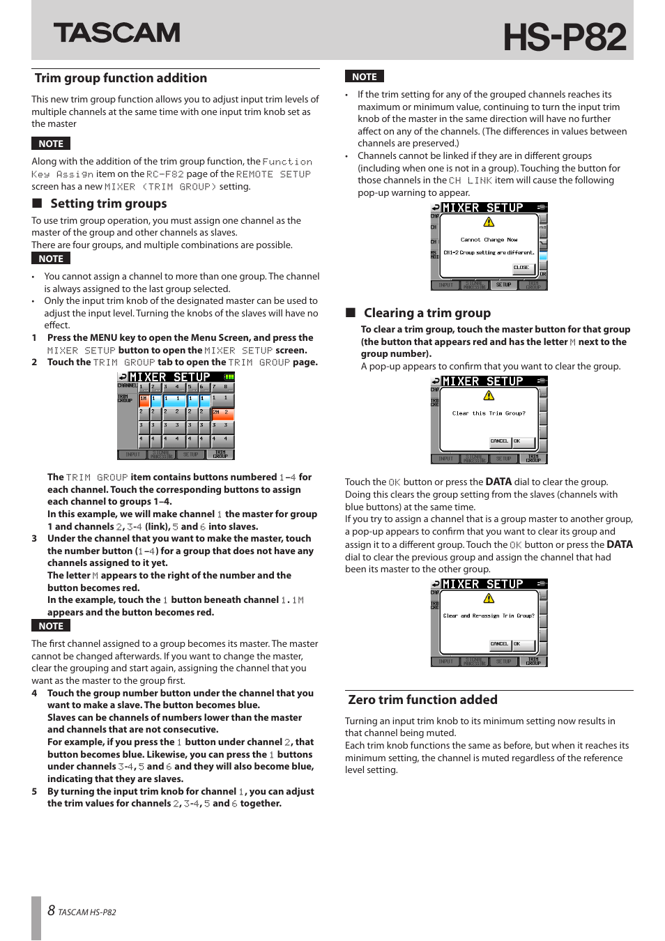 Trim group function addition, Zero trim function added, Hs-p82 | ª setting trim groups, ª clearing a trim group | Teac HS-P82 Addendum V1.20 User Manual | Page 8 / 12