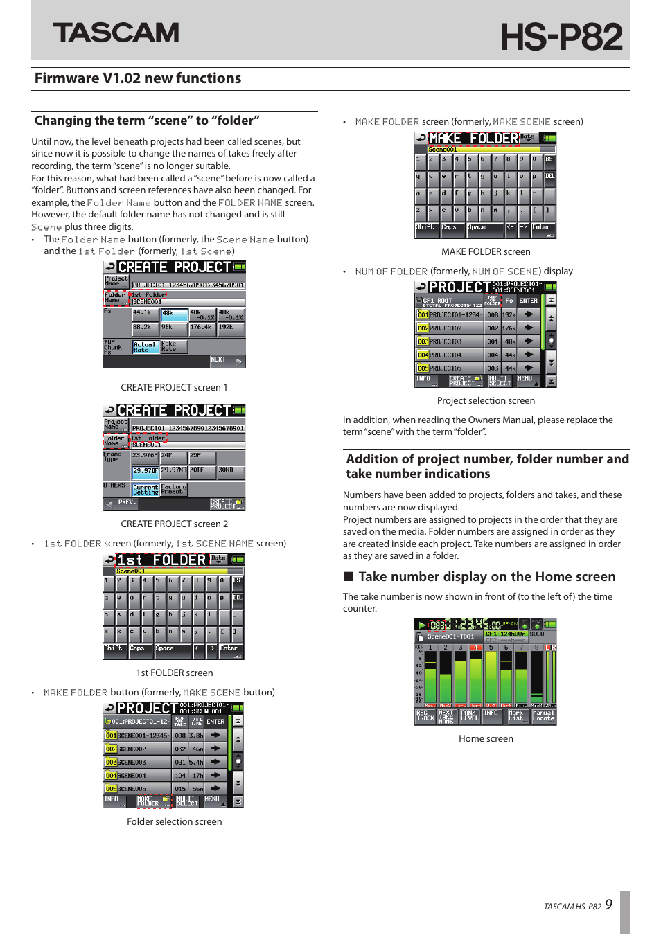 Firmware v1.02 new functions, Changing the term “scene” to “folder, Indications | Hs-p82, ª take number display on the home screen | Teac HS-P82 Addendum V1.20 User Manual | Page 9 / 12