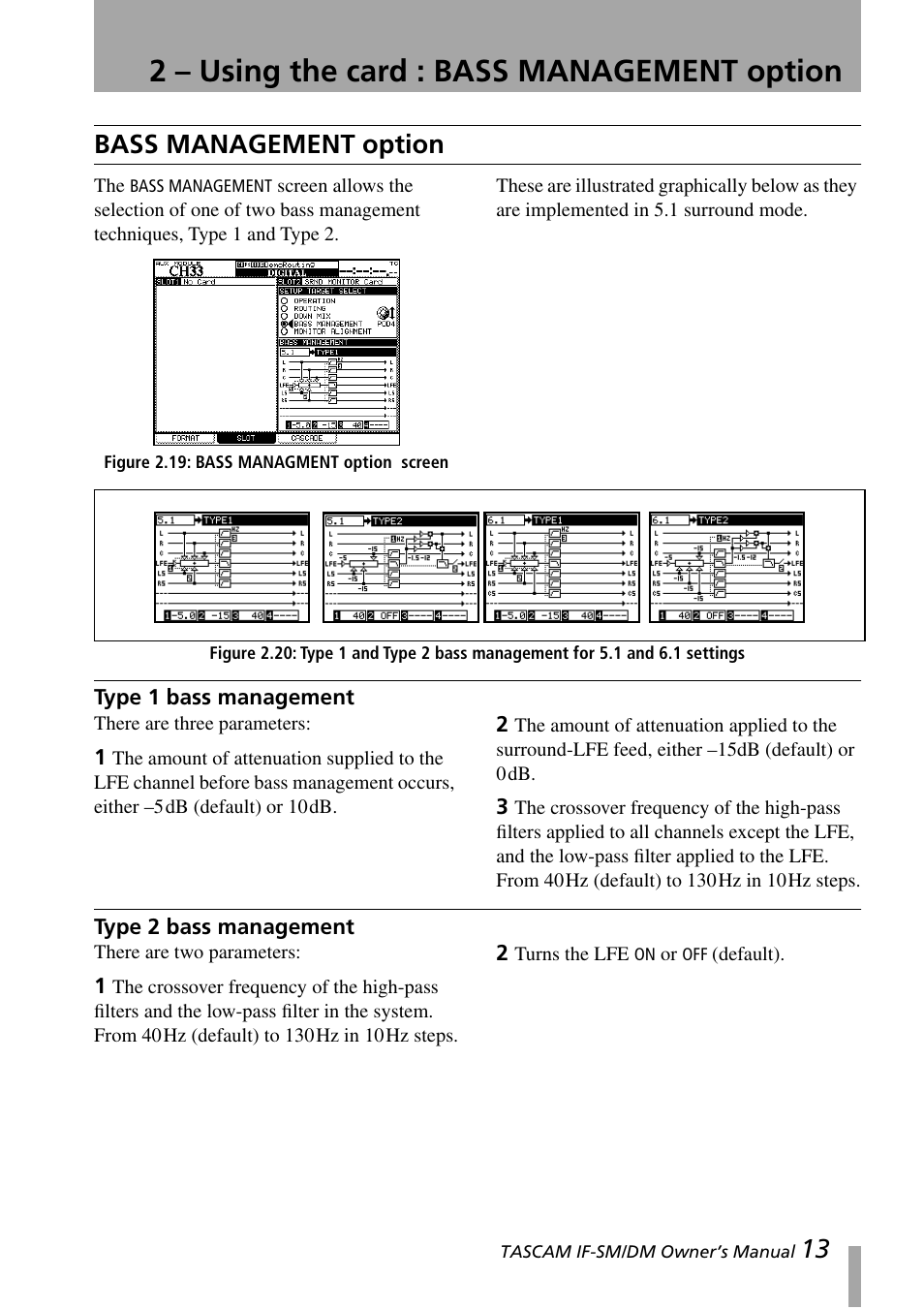Bass management option, Type 1 bass management, Type 2 bass management | Type 1 bass management type 2 bass management, 2 – using the card : bass management option, 13 bass management option | Teac IF-SM/DM User Manual | Page 13 / 19