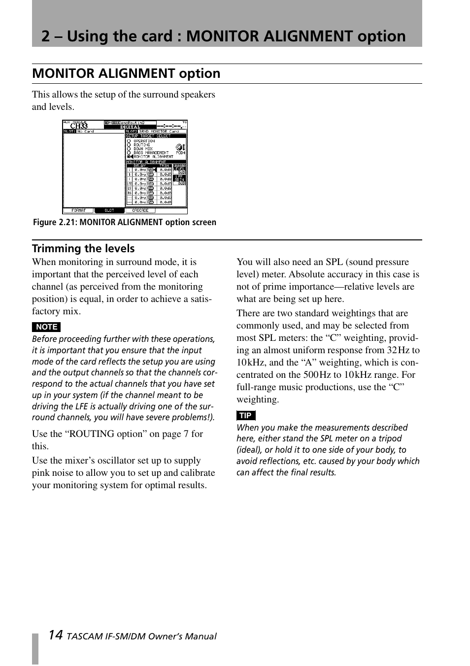 Monitor alignment option, Trimming the levels, 2 – using the card : monitor alignment option | Teac IF-SM/DM User Manual | Page 14 / 19