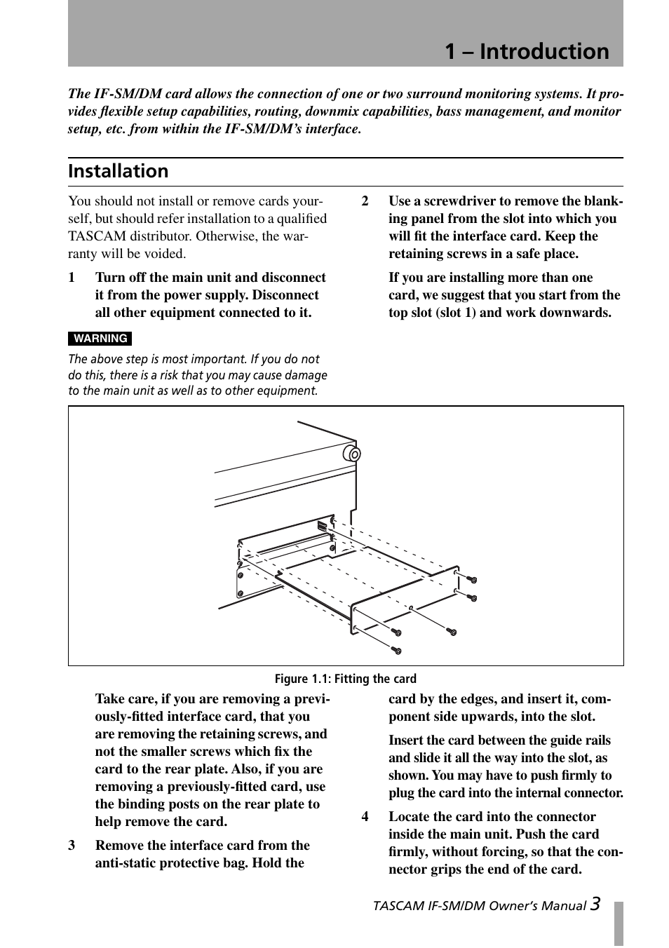 1 – introduction, Installation, Figure 1.1: fitting the card | Teac IF-SM/DM User Manual | Page 3 / 19
