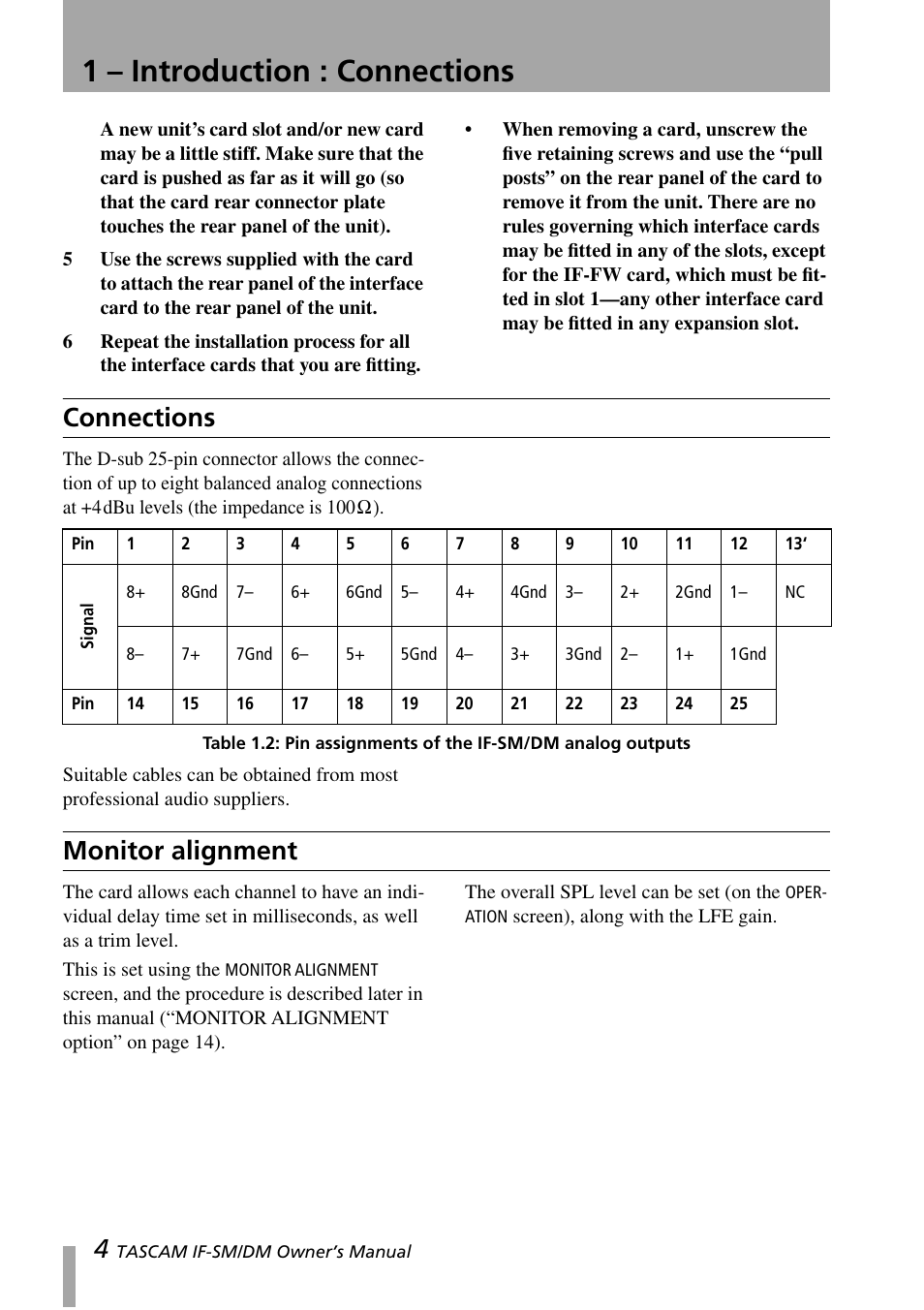 Connections, Monitor alignment, Connections monitor alignment | 1 – introduction : connections | Teac IF-SM/DM User Manual | Page 4 / 19